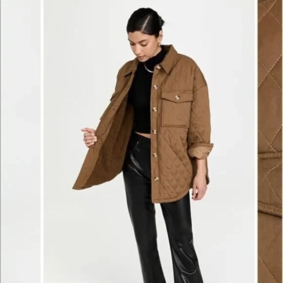 Good American Quilted Faux-sherpa Lined Shacket In Brown 00/0 XS/S - Picture 4 of 16